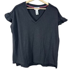 For The Republic Women's Tee Gray Cotton‎ V Neck Ruffles Short Sleeves Size XS